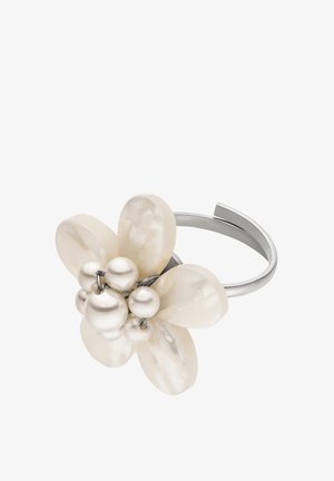 Silver ring with an adjustable band featuring a flower design made of pearly petals and clustered pearl-like beads in the center.