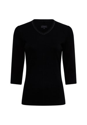 Schwarzes, enganliegendes Langarmshirt mit V-Ausschnitt, der kleine dekorative Perlen entlang des Kragenrandes aufweist.