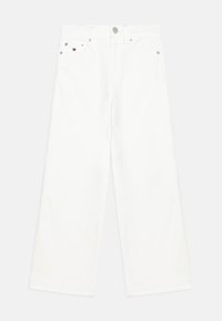 Valkoiset farkut, joissa on leveät lahkeet, korkea vyötärö, viisi taskua ja metallinen nappisulku. Siisti muotoilu, jossa on minimalisia varusteita.