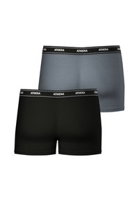 Deux paires de boxers pour hommes : une noire et une grise. Les deux présentent un matériau doux et une ceinture élastique avec la marque "ATHENA".