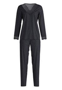 Zwart pyjama set met stippen, met lange mouwen, V-hals met kantafwerking en bijpassende broek met kantaccenten bij de manchetten.