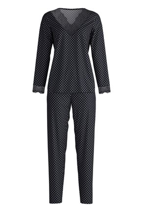 Set di pigiama nero a pois, caratterizzato da maniche lunghe, scollatura a V con rifinitura in pizzo e pantaloni abbinati con dettagli in pizzo sui polsini.