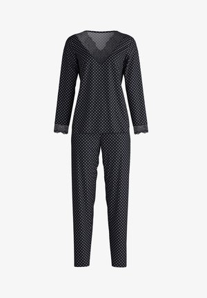 Set di pigiama nero a pois, caratterizzato da maniche lunghe, scollatura a V con rifinitura in pizzo e pantaloni abbinati con dettagli in pizzo sui polsini.