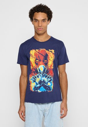 Navy blue cotton T-shirt featuring a colorful graphic of a superhero character with striking details and vibrant colors.