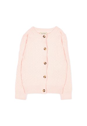 Cárdigan de punto rosa claro con cinco botones marrones de carey y puños, bajo y escote de canalé, con etiqueta Trussardi.