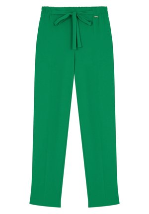 Pantalon vert vif ajusté avec taille élastique et ceinture nouée à l'avant, conçu pour une coupe décontractée.