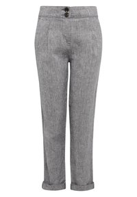Grijze linnenmix broek met twee voorzakken, twee knoopsluitingen en opgestikte manchetten voor een ontspannen pasvorm. Subtiele textuur overal.