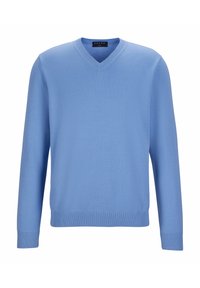 Maglione blu chiaro a V realizzato in tessuto a maglia liscia. Presenta maniche lunghe e rifiniture a coste attorno al collo e all'orlo.