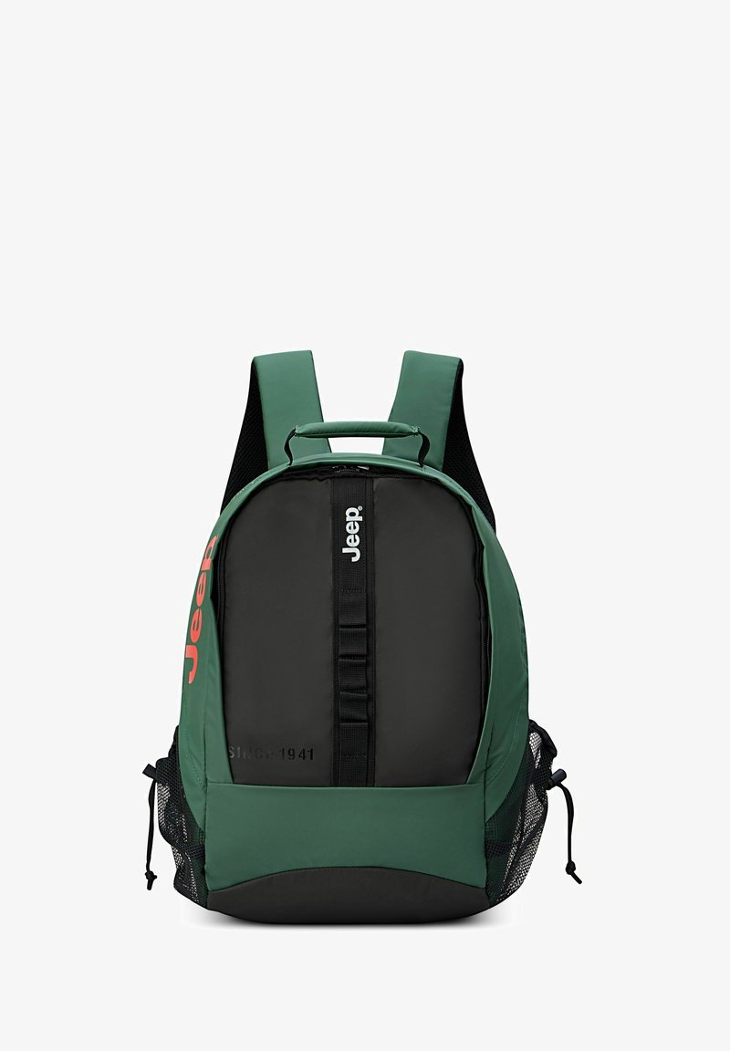 Zaino nero e verde con spallacci imbottiti e regolabili. Presenta tasche laterali in rete e un logo frontale. Tessuto liscio e durevole.