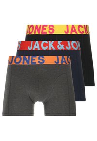 Drei Paar Boxershorts in Grau, Schwarz und Marineblau, jeweils mit bunten elastischen Taillenbündchen, die mit dem "JACK & JONES"-Branding versehen sind.