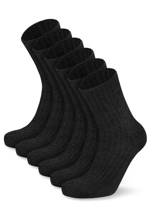 Schwarze gerippte Baumwollsocken, präsentiert in einem Set von fünf. Jede Socke hat ein Design bis zur Mitte der Wade, mit einer glatten Textur und verstärkter Zehenpartie.