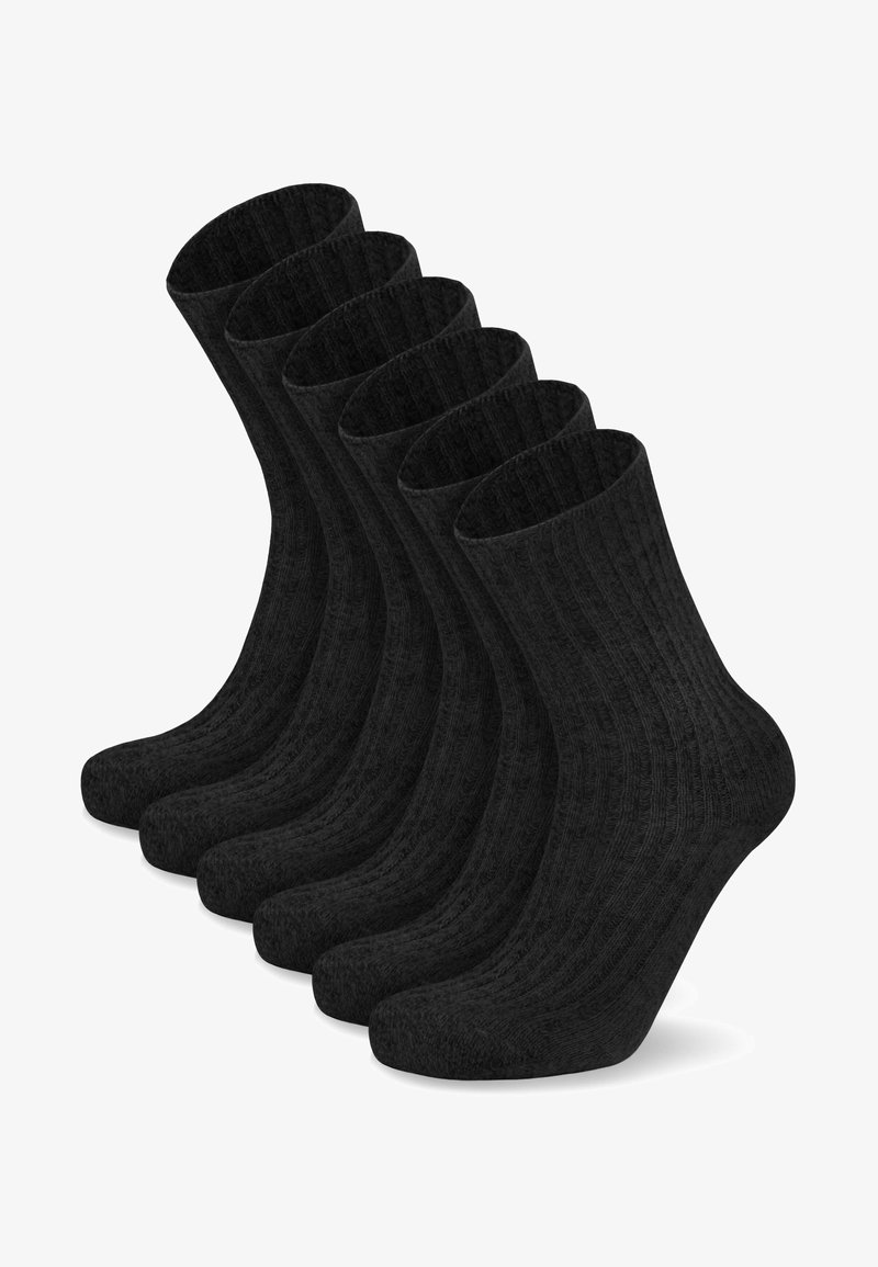 Schwarze gerippte Baumwollsocken, präsentiert in einem Set von fünf. Jede Socke hat ein Design bis zur Mitte der Wade, mit einer glatten Textur und verstärkter Zehenpartie.