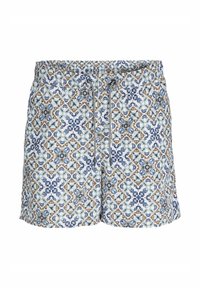 Maillots de bain en tissu à motifs bleu, blanc et marron avec une taille élastique et un cordon de serrage ajustable. Présence de motifs floraux et géométriques.