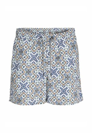 Zwemshorts in blauwe, witte en bruine patroonstof met een elastische tailleband en verstelbaar koord. Bloem- en geometrische ontwerpen aanwezig.