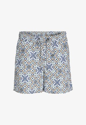 Zwemshorts in blauwe, witte en bruine patroonstof met een elastische tailleband en verstelbaar koord. Bloem- en geometrische ontwerpen aanwezig.