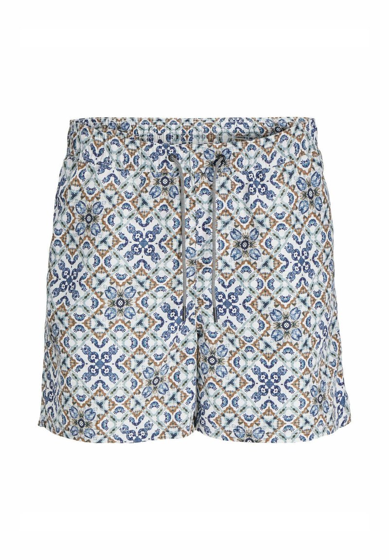 Maillots de bain en tissu à motifs bleu, blanc et marron avec une taille élastique et un cordon de serrage ajustable. Présence de motifs floraux et géométriques.