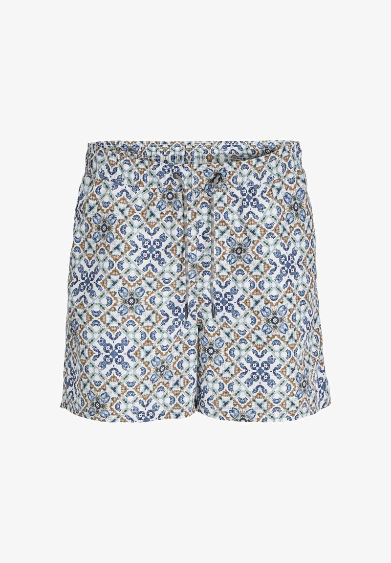 Zwemshorts in blauwe, witte en bruine patroonstof met een elastische tailleband en verstelbaar koord. Bloem- en geometrische ontwerpen aanwezig.