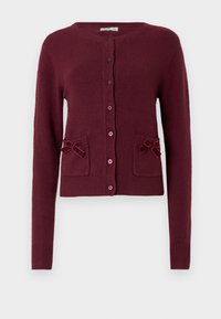 Cardigan color bordeaux in tessuto strutturato con maniche lunghe, scollo tondo, bottoni sul davanti e due tasche decorate con fiocchi.