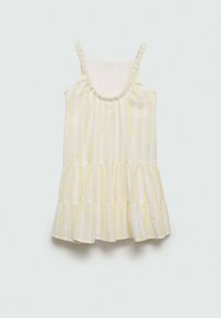 White sleeveless top with yellow vertical stripes, ruffled hem, and textured straps. Lightweight fabric with a loose, flowing design.