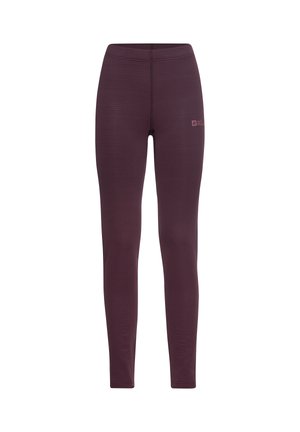 Lila eng anliegende Leggings mit einem strukturierten Muster, versehen mit einem Logodetail an der Hüfte. Hergestellt aus dehnbarem, atmungsaktivem Material.