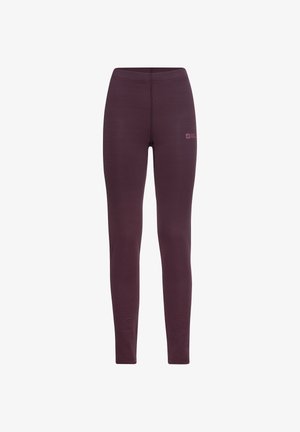 Lila eng anliegende Leggings mit einem strukturierten Muster, versehen mit einem Logodetail an der Hüfte. Hergestellt aus dehnbarem, atmungsaktivem Material.