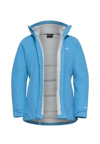 Veste imperméable bleue avec un doublure isolante grise, fermeture éclair et ourlet ajustable. Dispose d'un col haut et d'une capuche amovible.