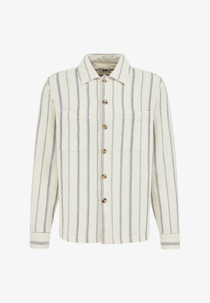 Chemise à manches longues couleur écru avec des rayures verticales bleues, fermeture à boutons sur le devant, deux poches poitrine et un col pointu.