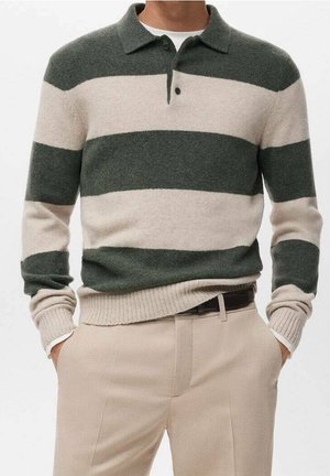 Mężczyzna ubrany w sweter z kołnierzykiem i długim rękawem z szerokimi, poziomymi, ciemnozielonymi i beżowymi paskami, w połączeniu z beżowymi spodniami.