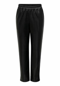 Svarta fusk läderbyxor med elastisk midja, med en slät textur och tapered passform, som slutar strax ovanför vristen.