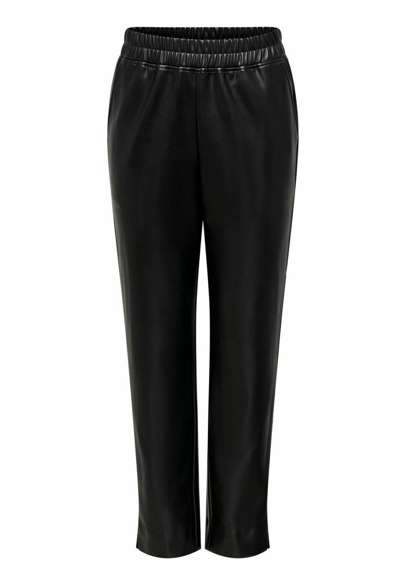 Svarta fusk läderbyxor med elastisk midja, med en slät textur och tapered passform, som slutar strax ovanför vristen.