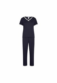 Set di pigiama blu navy composto da una maglietta a maniche corte con scollatura a V rifinita in pizzo e pantaloni abbinati con dettagli in pizzo sull'orlo.