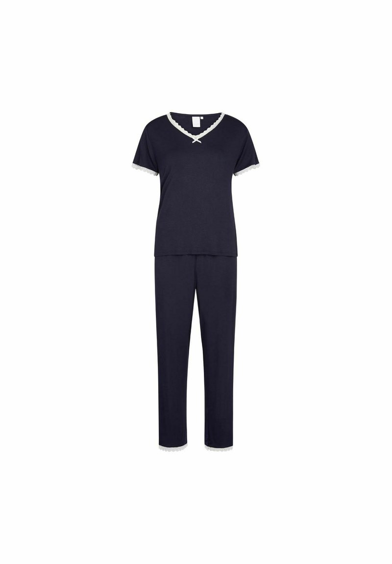 Set di pigiama blu navy composto da una maglietta a maniche corte con scollatura a V rifinita in pizzo e pantaloni abbinati con dettagli in pizzo sull'orlo.