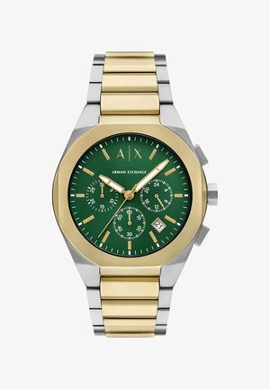 Groene wijzerplaat horloge met een gouden en zilveren roestvrijstalen band. Heeft chronograaf subdials, datumvenster en gouden accenten op de wijzers en markeringen.