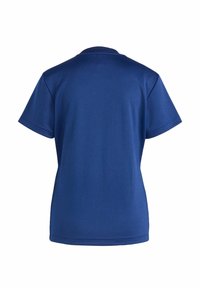Navy blue short-sleeve T-shirt with a round neckline, made from a smooth fabric. Back view showcases clean stitching and a simple design.