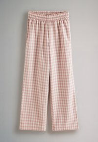 Roosa ja valge ruudulise mustriga culottes, millel on elastne vöökoht, laiad sääred ja sile, kerge kangast tekstuur.