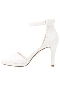 Bílá sandála na vysokém podpatku z hladkého syntetického materiálu, s otevřenou špičkou, páskem na kotníku s přezkou a platformou pro zvýšení výšky.