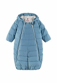 Niebieski ocieplany kombinezon dla niemowląt z kapturem i podwójnymi zamkami z przodu, zaprojektowany z myślą o ciepłocie i łatwym zakładaniu.