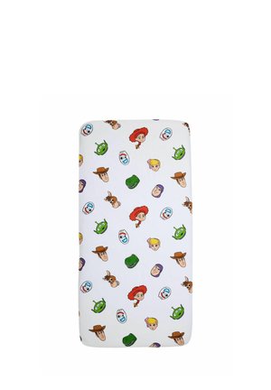 Weißer Matratze mit bunten Cartoon-Gesichtern von Toy Story-Charakteren einschließlich Woody, Jessie, Buzz Lightyear, Rex, Forky, Bo Peep und grünen Außerirdischen.