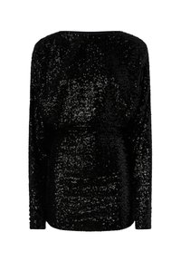 Crni top s aplikacijom od šljaštavih bisera s dugim rukavima i okruglim izrezom, s teksturiranom, sjajnom površinom i prilagođenim siluetom.