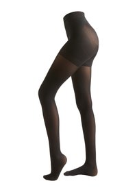 Neprůhledné černé punčocháče s hladkým povrchem, vybavené zesíleným pasem a nohavicemi, které postupně přecházejí do průhledného zakončení na prstech.