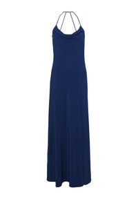 Robe maxi bleu marine avec encolure refroidie, fines bretelles à nouer autour du cou et un tissu lisse et fluide, comportant une fente sur le côté pour plus de mouvement.