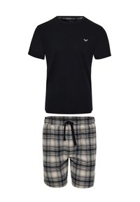 Sort bomulds T-shirt med korte ærmer og et lille logo, parret med ternede shorts i beige, sort og grå. Har en elastisk talje.