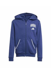 Blauwe Adidas rits hoodie met capuchon, witte logo op de borst, voorzakken met witte rand en ribgebreide manchetten en onderrand.