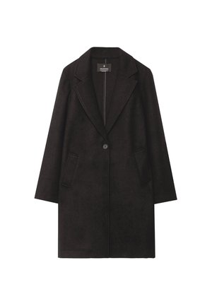 Black wool-blend coat with a structured silhouette, notch lapels, single button closure, and two front pockets. Soft texture and minimal design.