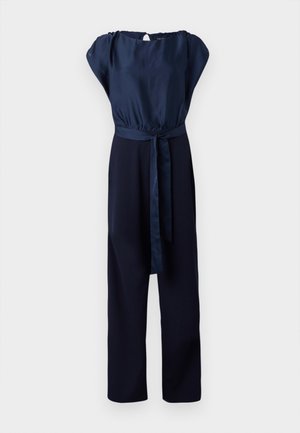 Navy blue jumpsuit with a satin finish, short puff sleeves, elastic waist, and tied belt detail; wide-legged trousers.