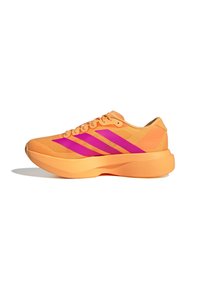 Orange running shoe with thick sole and bright pink three-stripe design along side, displayed on white background.