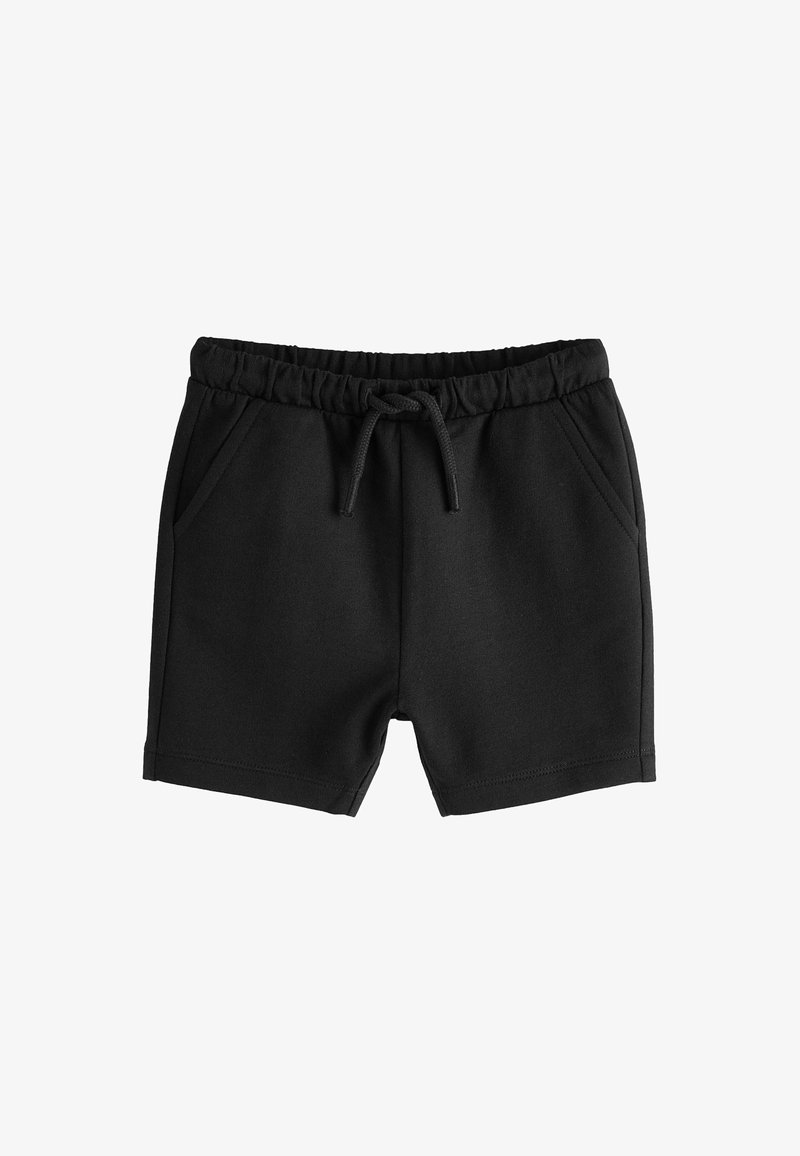 Pantaloni corti neri realizzati in un tessuto morbido e elasticizzato. Presentano una vita elasticizzata con cordoncino, due tasche laterali e un design semplice.