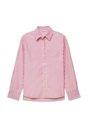 Camicia a maniche lunghe con bottoni, a righe verticali rosse e bianche, colletto appuntito, tasca frontale e polsini risvoltati.