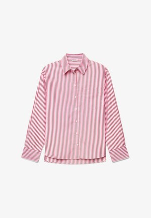 Camicia a maniche lunghe con bottoni, a righe verticali rosse e bianche, colletto appuntito, tasca frontale e polsini risvoltati.