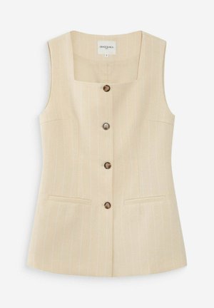 Gilet beige senza maniche con sottili righe verticali bianche, scollo quadrato, quattro bottoni marroni e due tasche anteriori con filetto.